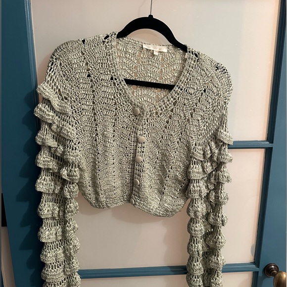 LoveShackFancy Silk Crochet Knit Cardigan in Soft Green